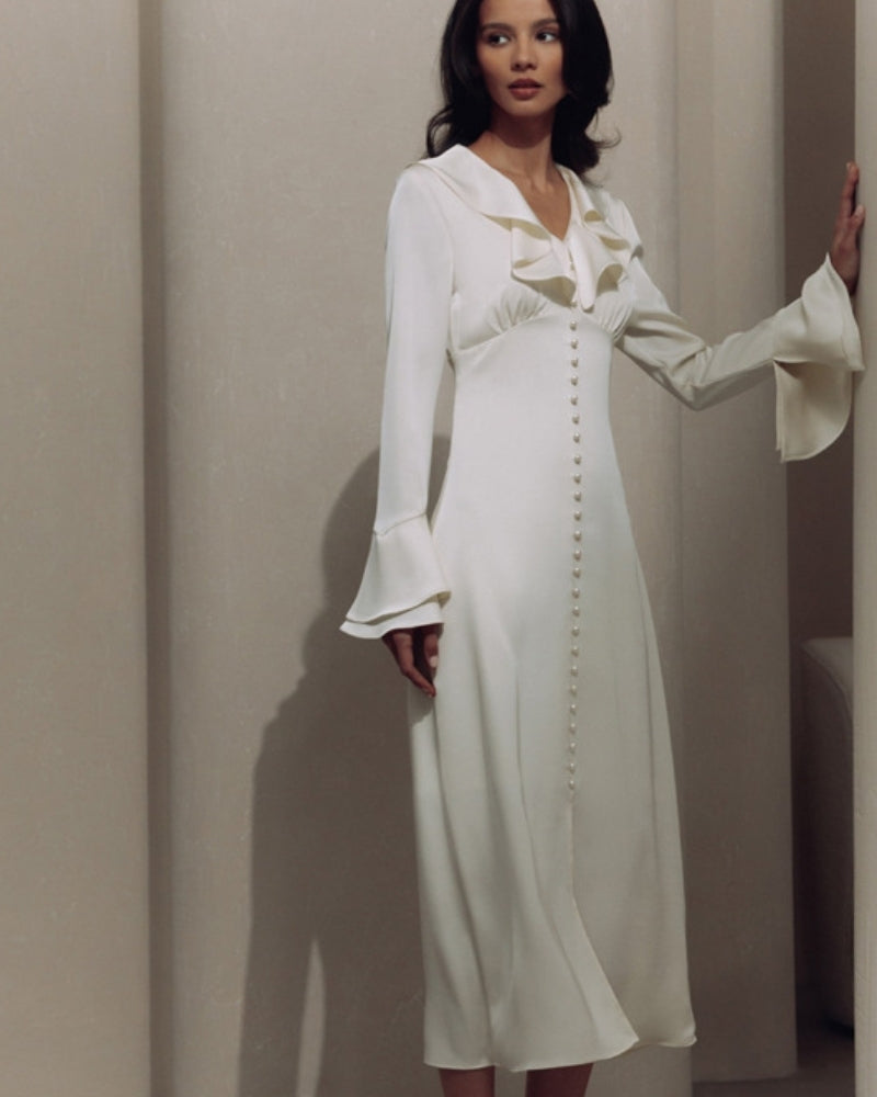The Toronto Label™ | Pearl Button Ruffle Midi Dress