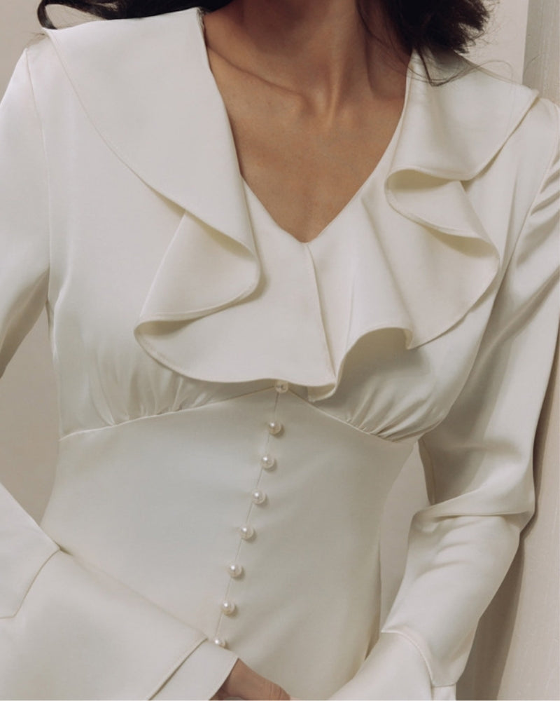 The Toronto Label™ | Pearl Button Ruffle Midi Dress