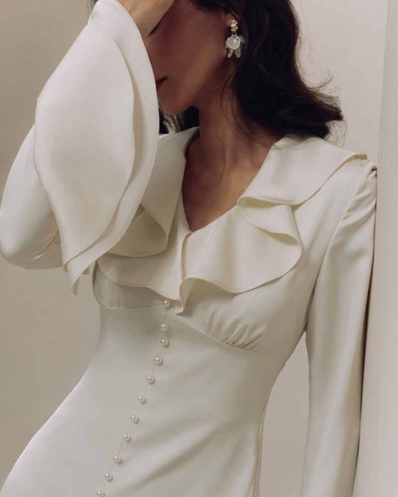 The Toronto Label™ | Pearl Button Ruffle Midi Dress