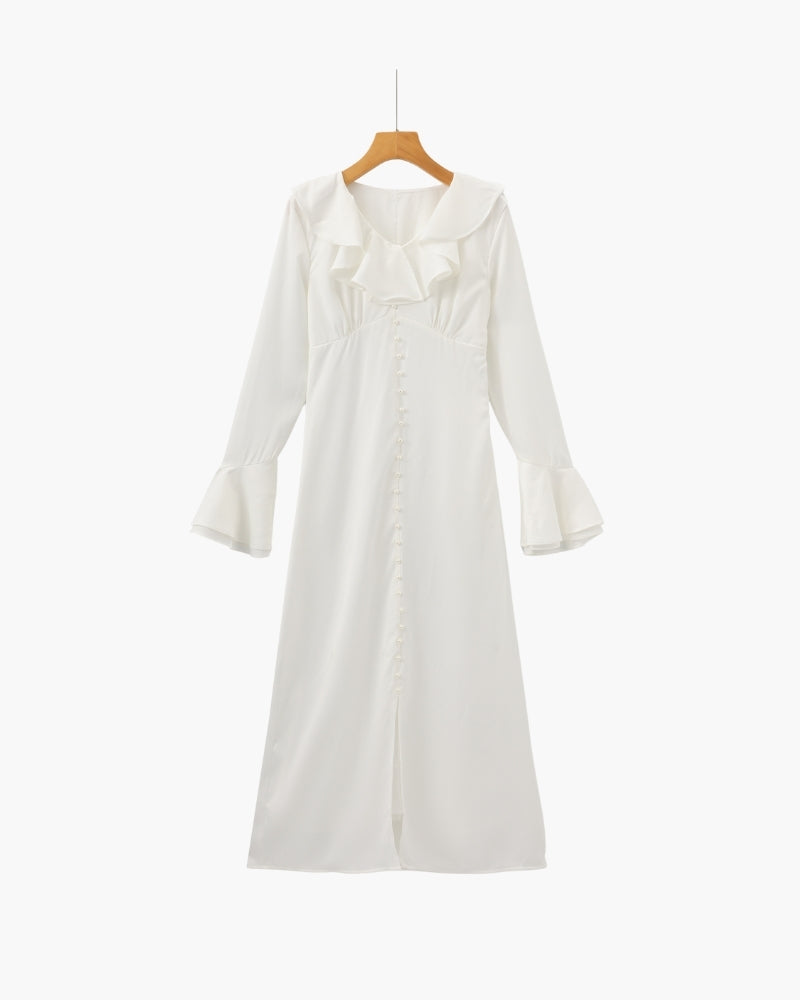The Toronto Label™ | Pearl Button Ruffle Midi Dress
