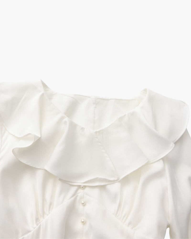 The Toronto Label™ | Pearl Button Ruffle Midi Dress